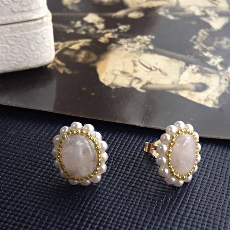 14 kgf morganite and vintage pearl oval earrings ear needle ii - 473 - Earrings & Clip-ons - Gemstone Pink
