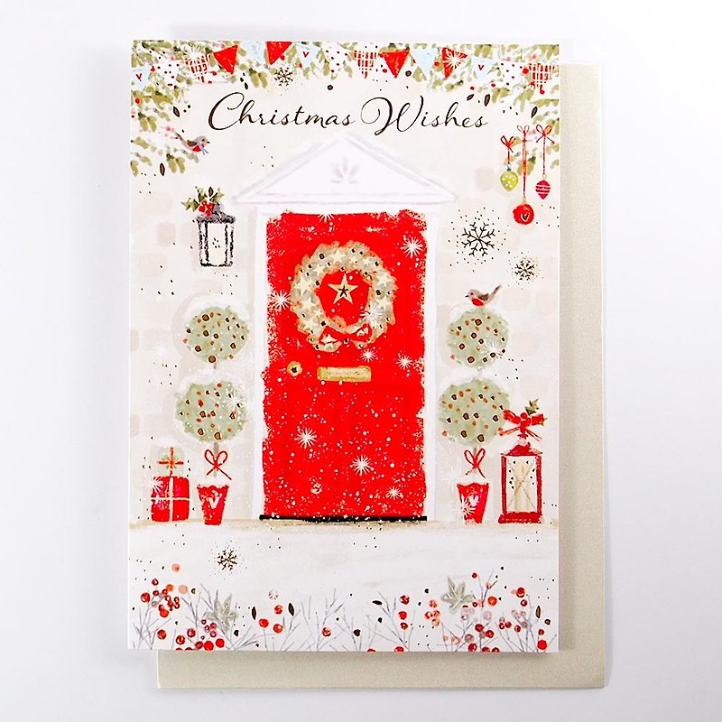 ドアでクリスマス電球が輝くクリスマスカード[Ling Design-card Christmas series] - カード・はがき - 紙 多色