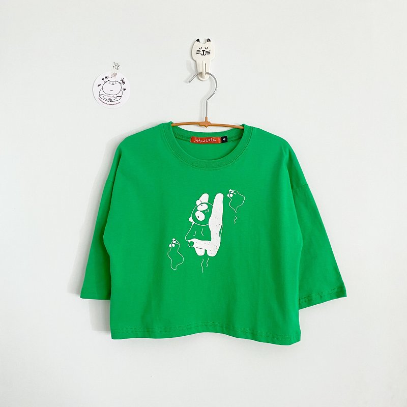 Children's Cotton Dropped Shoulder Long Sleeve T/Flying Panda - Fruit Green - Tops & T-Shirts - Cotton & Hemp Green
