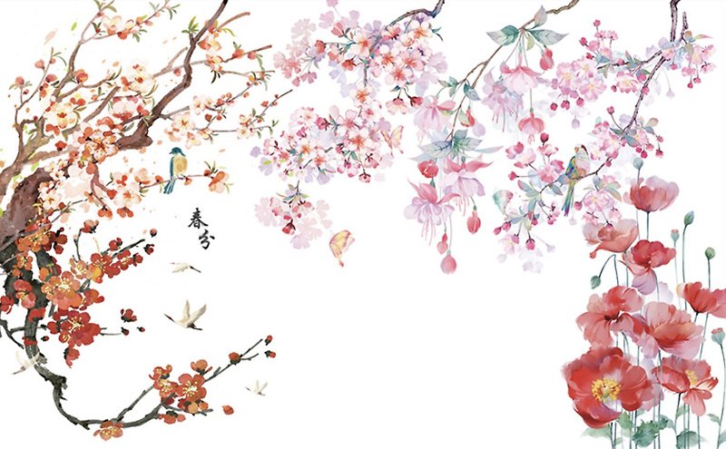 Spring Equinox Chinese Style Traditional Flower and Bird Figure PET Paper Tape - มาสกิ้งเทป - กระดาษ หลากหลายสี