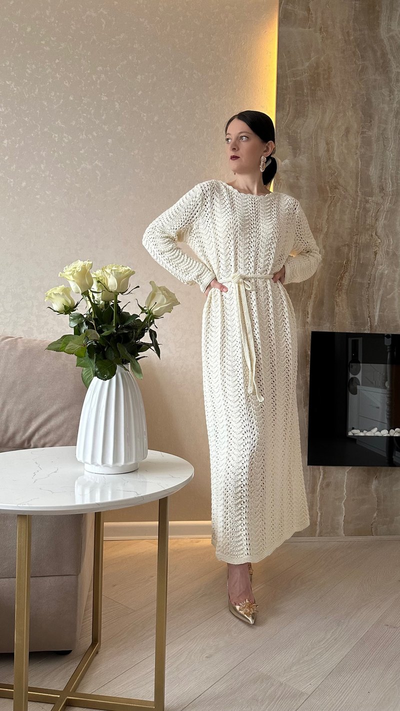 Hand knit dress White lace dress Cotton summer dress for women Wedding dress - 洋裝/連身裙 - 棉．麻 