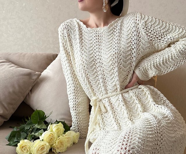 Hand knit dress White lace dress Cotton ...