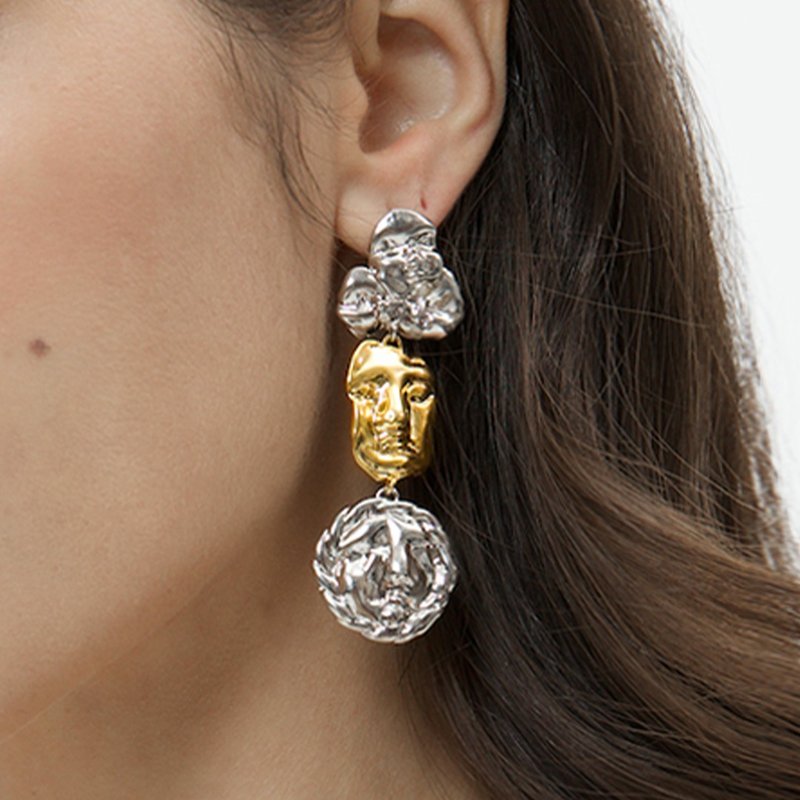 Poppy Face  Gold and silver jump colored earrings with gold and silver plating - ต่างหู - ทองแดงทองเหลือง สีทอง