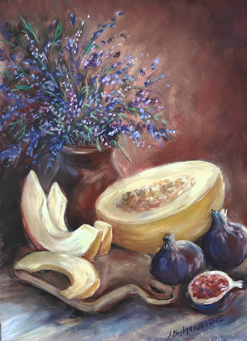 夏日水果靜物畫 八月之樂 甜瓜與薰衣草 原創畫作 - 壁貼/牆壁裝飾 - 紙 咖啡色