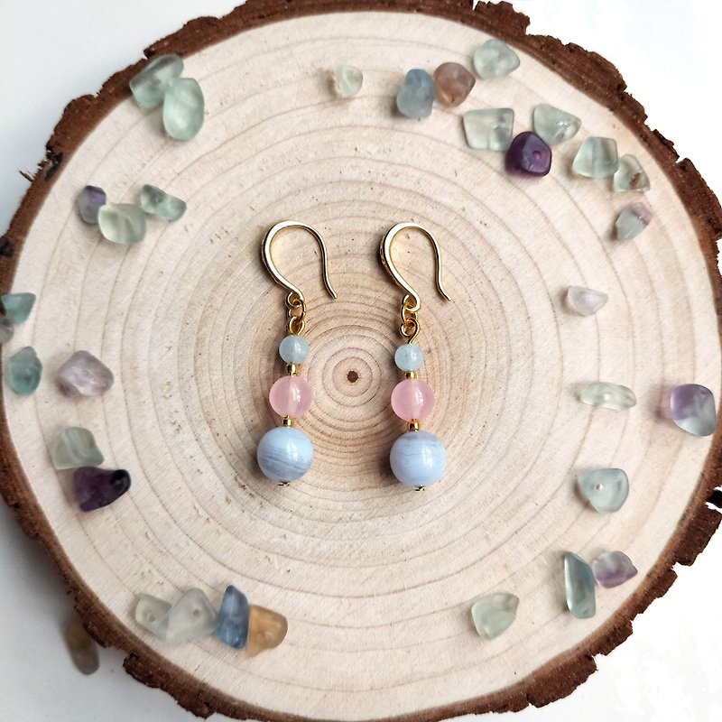 J006-Natural stone bead string earrings aquamarine pink crystal blue agate - ต่างหู - เครื่องประดับพลอย สีน้ำเงิน