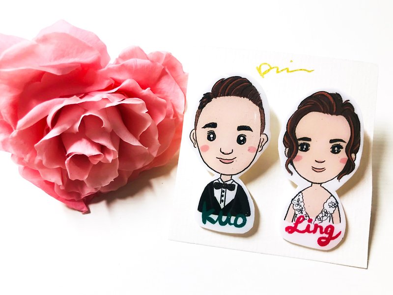 Customized wedding illustration brooch Mini you like Yan painted 1 set (2 characters) - Brooches - Resin White