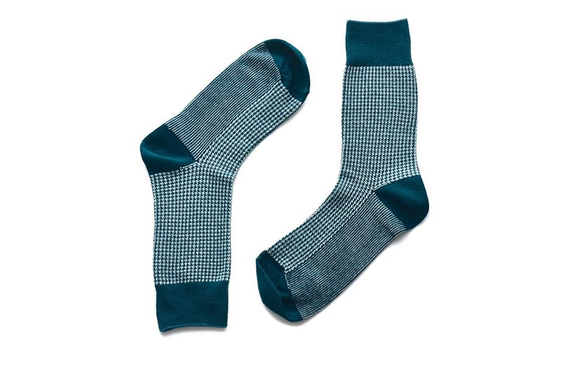 Houndstooth pattern gentleman socks lake green - ถุงเท้าข้อกลาง - ผ้าฝ้าย/ผ้าลินิน สีเขียว