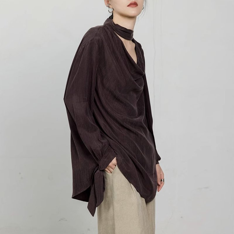 法式休閒 蕩領飄帶銅氨絲襯衫 - 女襯衫 - 其他材質 灰色