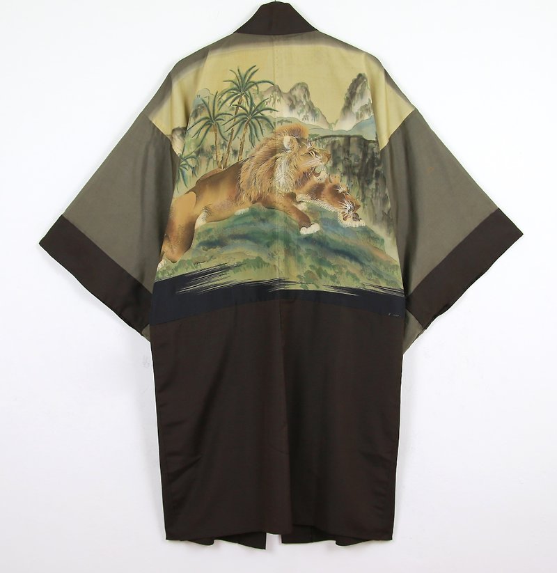 Back to Green Japanese back masculine hand-painted lion vintage kimono - Men's Coats & Jackets - Cotton & Hemp 