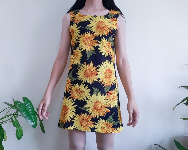 小號 - 復古 60 年代 70 年代花卉蕾絲摩登迷你連身裙 向日葵針織 - 洋裝/連身裙 - 聚酯纖維 黃色