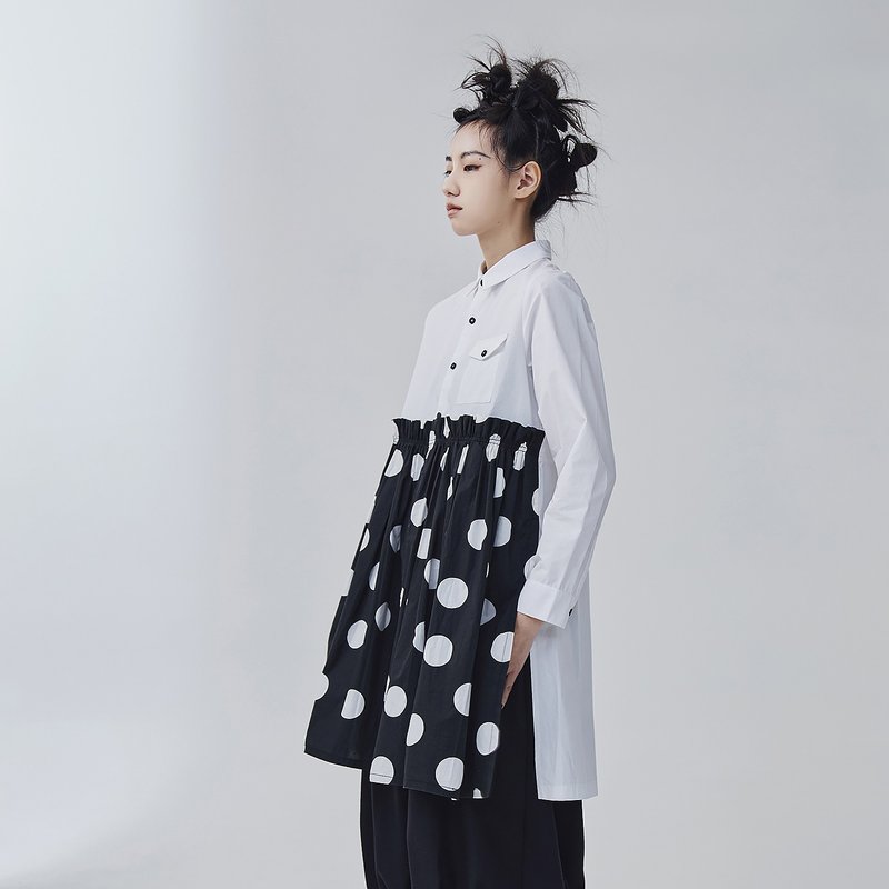 點點拼接長襯衫 - 女襯衫 - 棉．麻 白色