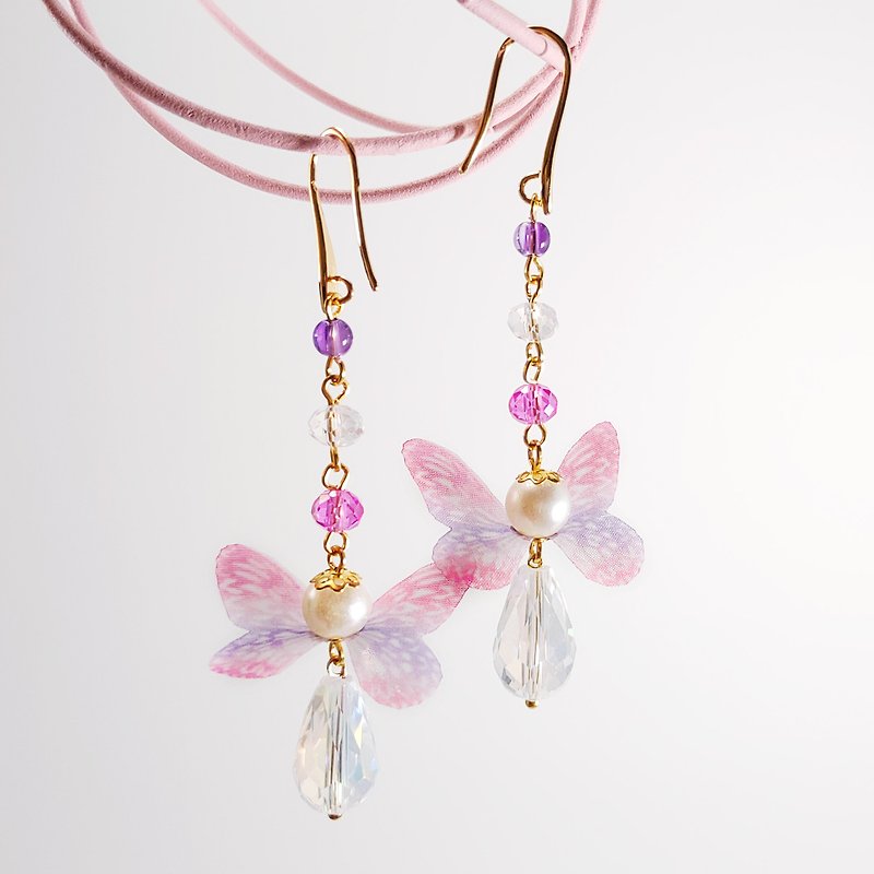 Daqian design rejuvenation pink purple tulle butterfly natural amethyst earrings / clip lover - Earrings & Clip-ons - Cotton & Hemp Purple