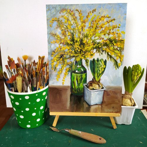 \"うさぎとヒヤシンス\", 油絵 うさぎとヒヤシンス