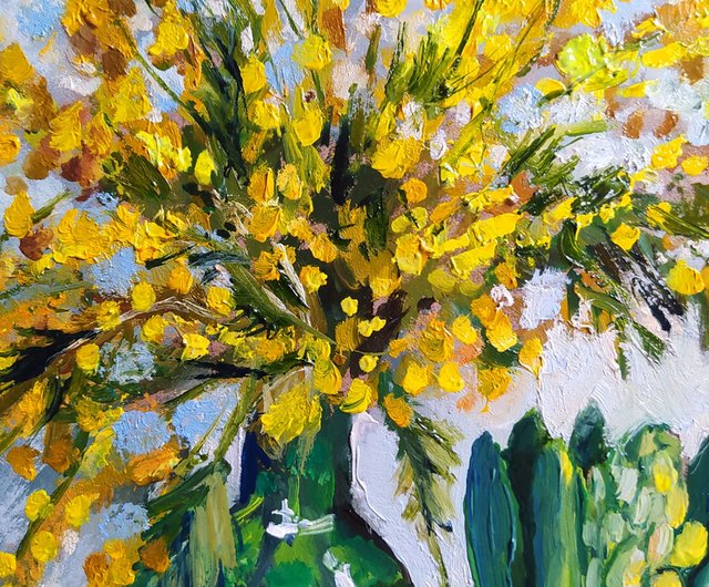 ミモザとヒヤシンスの絵画 春の花 オリジナル アート オイル 21