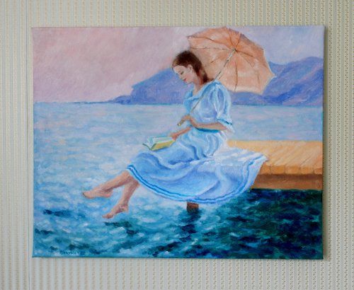 手書き油絵 海を眺める少女 絵画 インテリア 油彩画 手書き油絵 海を眺める少女 額付 絵画 インテリア 油彩画｜Yahoo
