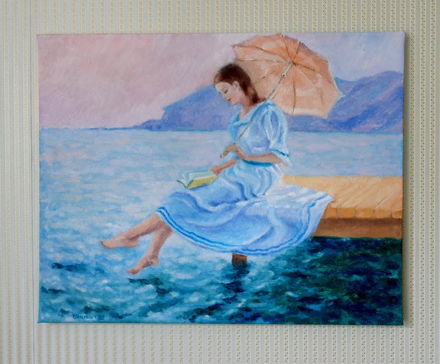 本を持つ少女 オリジナル アート 油絵 壁の装飾 女の子 海