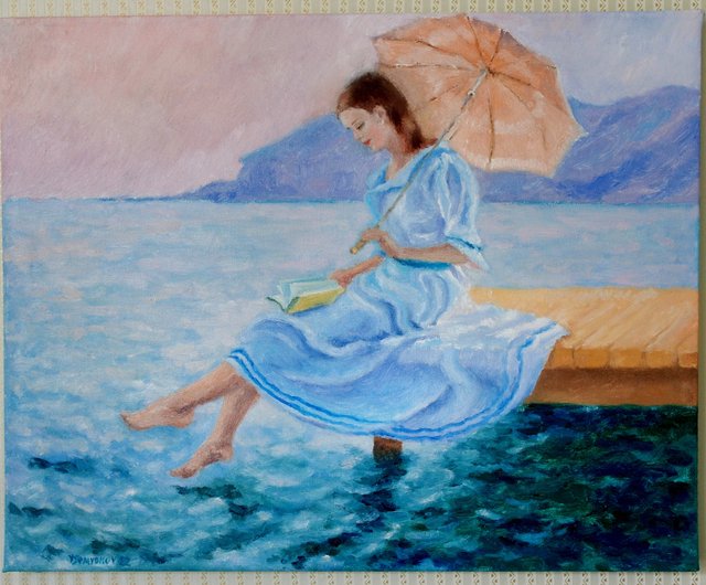 本を持つ少女 オリジナル アート 油絵 壁の装飾 女の子 海