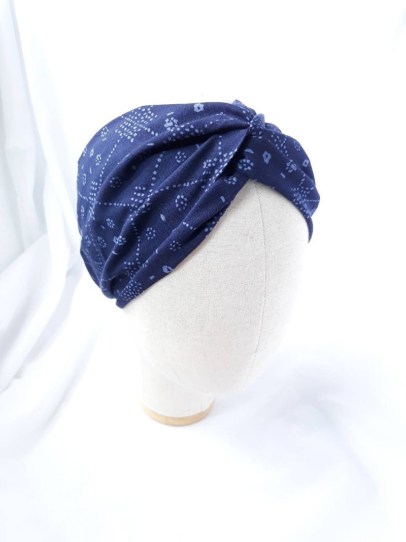 青藍花紋頭巾領巾式寬髮帶 - 髮帶/頭箍 - 棉．麻 藍色