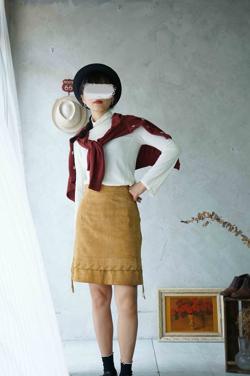 宝探し古着 - 本革ブラウンピッグスキンフリンジミニスカート - スカート - 革 オレンジ