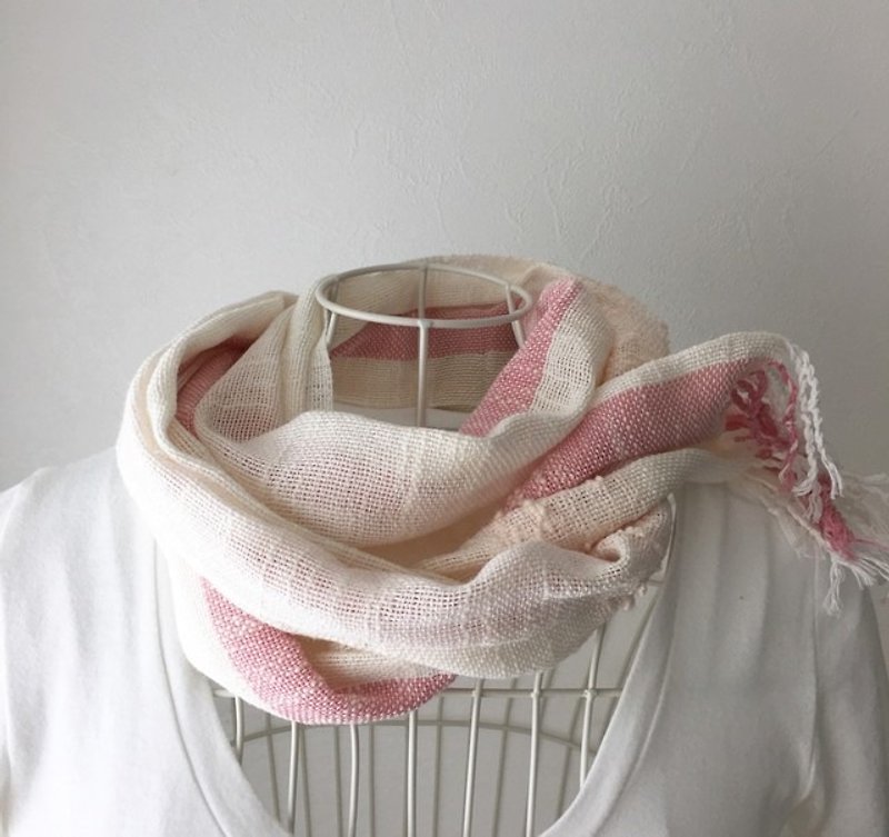 [Cotton] Handwoven stole Pink light stripe - Knit Scarves & Wraps - Cotton & Hemp Pink