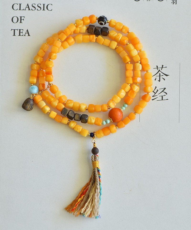 天然俄料雞油黃老蜜蠟手鏈蜜蠟方糖三圈手串配南紅沉香文玩手鏈 - 項鍊 - 玉石 橘色