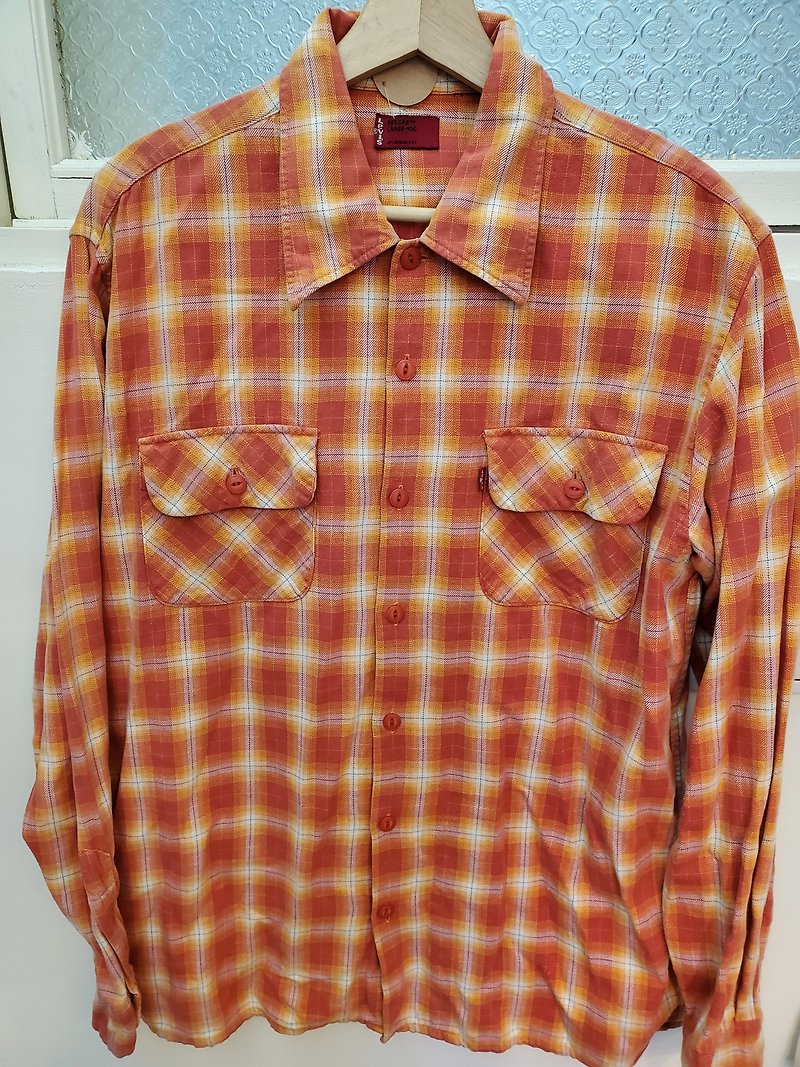 Wear politely with Japanese vintage levis American check cotton double pocket long lining politely wear - Men's Shirts - Cotton & Hemp Orange
