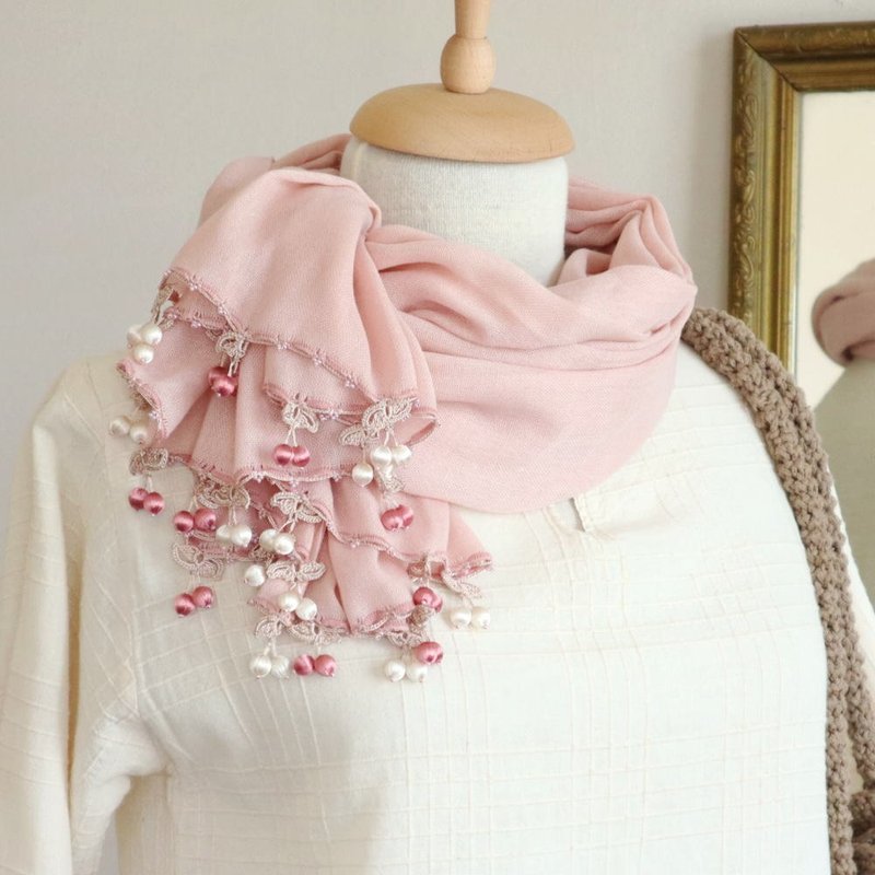 OYA crochet thin Pashmina shawl【CHERRY】Powder pink - ผ้าพันคอ - ขนแกะ สึชมพู