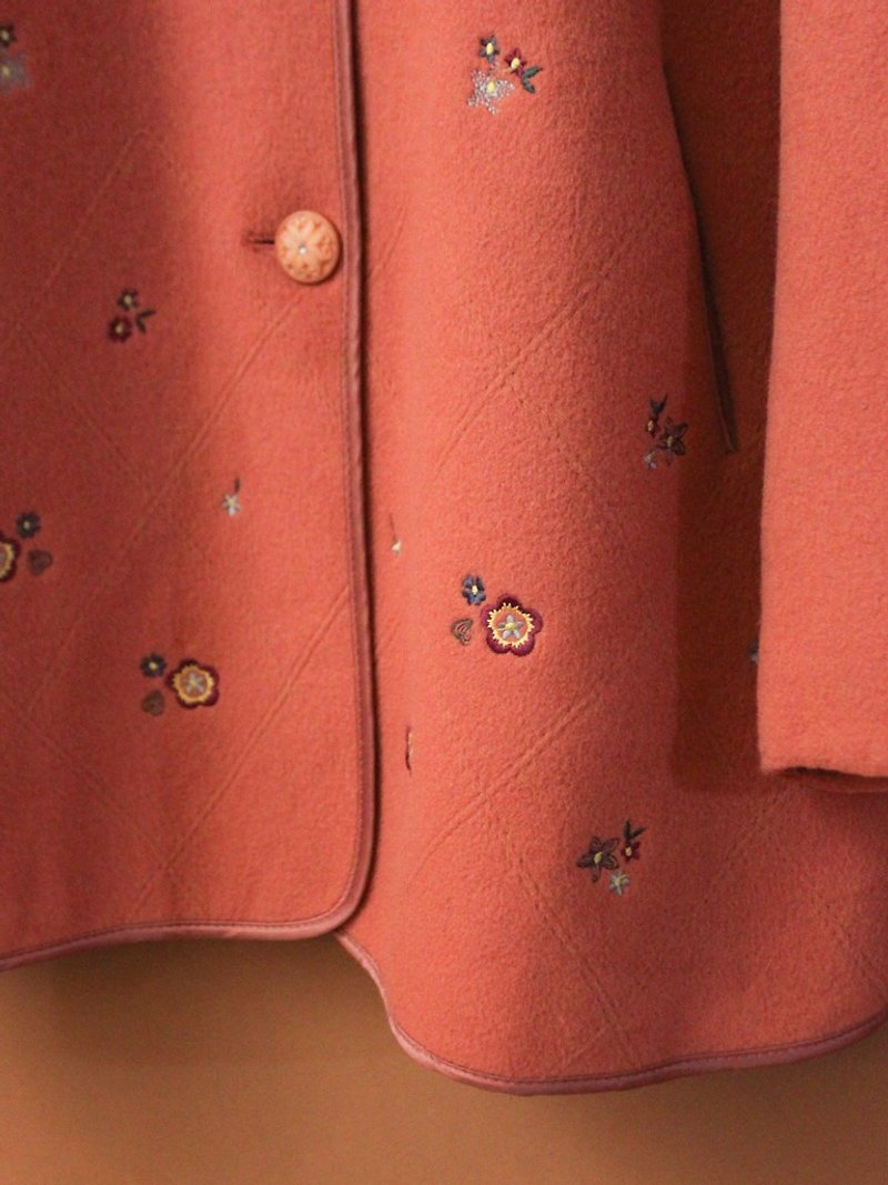 復古韓國製秋冬可愛甜美小花朵刺繡橘色羊毛尼古著大衣外套 - 外套/大衣 - 羊毛 橘色