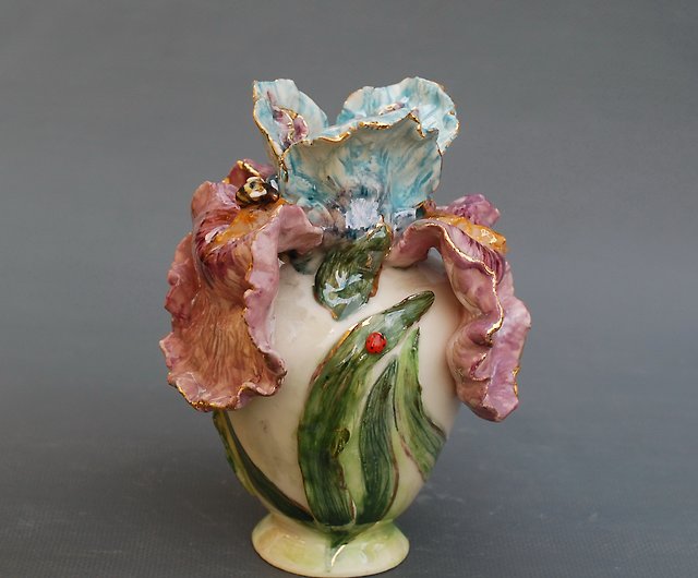 3陶磁器の手絵荷韻青花磁花瓶花器の飾り置物 - 美術品