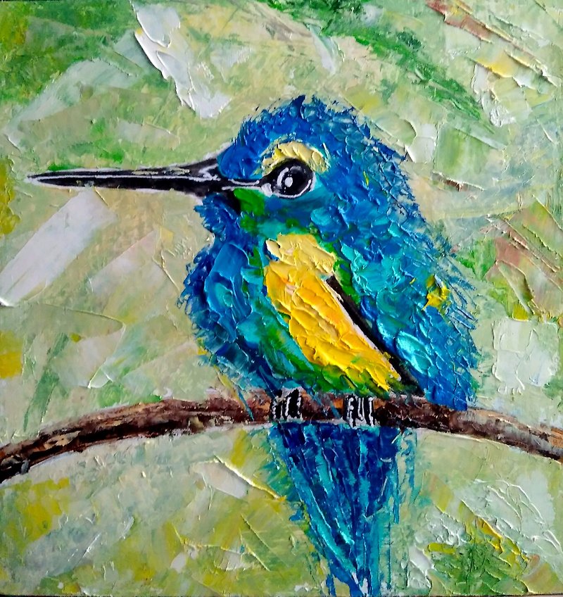 Original Painting Hummingbird, Mini Oil Artwork, Bird on Branch Wall Art, 手工油畫 - 掛牆畫/海報 - 其他材質 多色