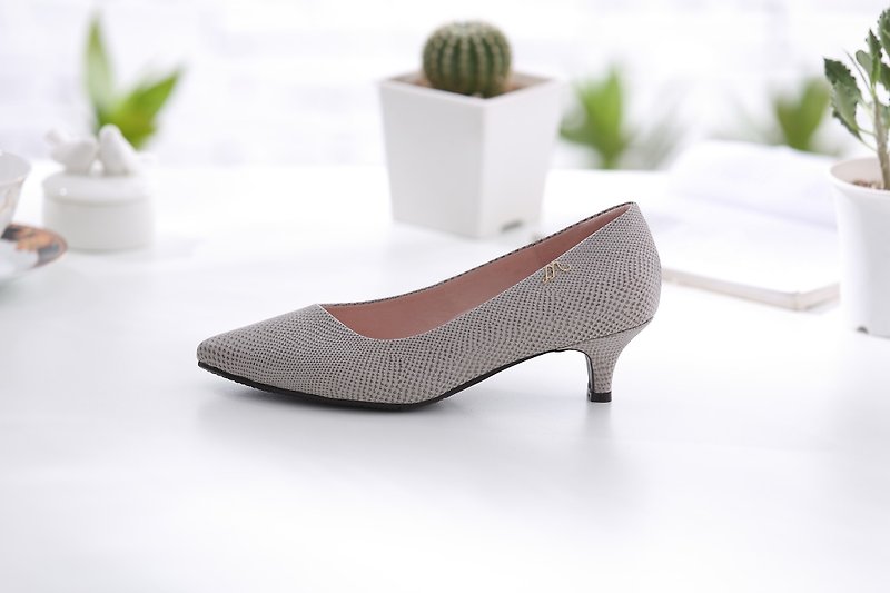 Athena-Extremely Elegant Grey-Serpentine Pointed Leather Low Heels - High Heels - Genuine Leather Gray