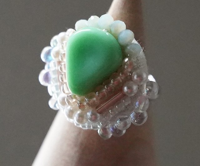 Talkative Ring 66 Free Size Bead Embroidered Ring Green Multicolor ...