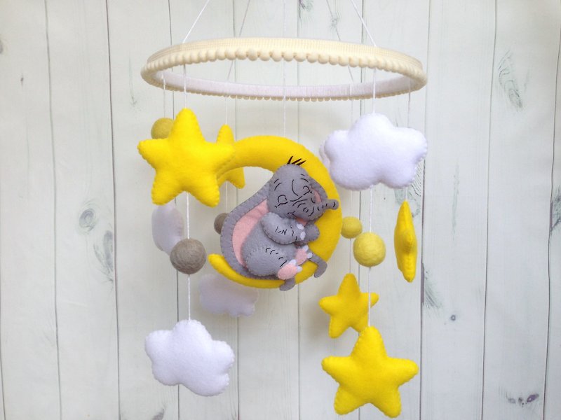 Gray Elephant Baby Mobile, Felt Crib Mobile, Cot Nursery Decor, Moon, Stars - Kids' Toys - Sponge Gray