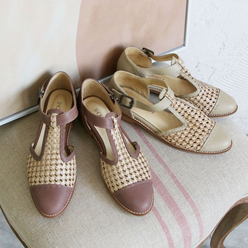 [Handmade to order] T-shaped leather woven Oxford shoes_米_T1-20421L - รองเท้าอ็อกฟอร์ดผู้หญิง - หนังแท้ สีนำ้ตาล