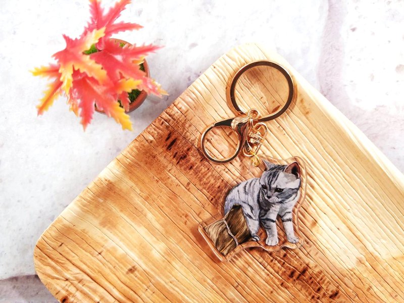 Meat dumpling gray short cat - transparent double layer Acrylic charm key ring - พวงกุญแจ - อะคริลิค 