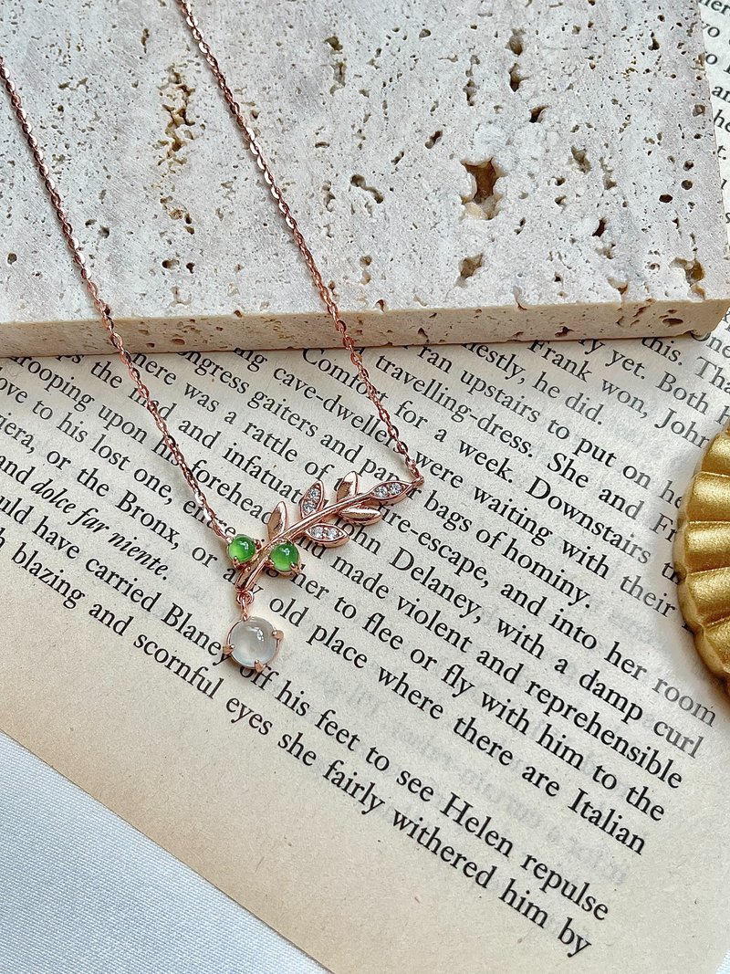 Natural Jadeite Type A - 14K Rose Gold Filled Icy Jade Leaf Necklace - Necklaces - Jade Gold