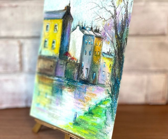 街の絵画 オイルパステル画 街の風景 川辺のアート - ショップ AsheArt