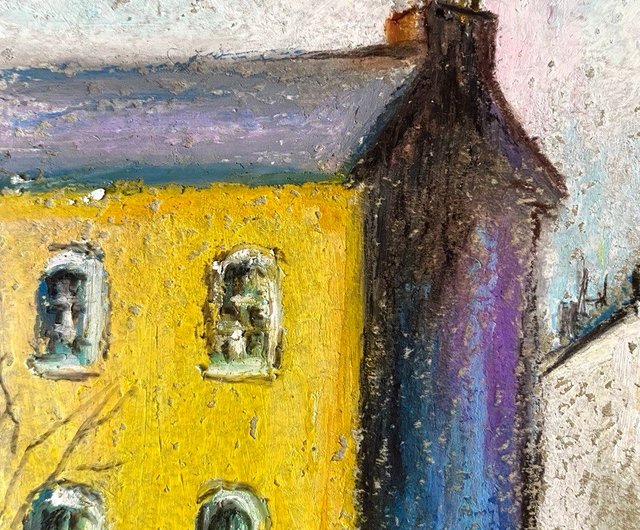 ボンデージ絵画 パステル画 街の絵画 オイルパステル画 街の風景 川辺のアート - ショップ