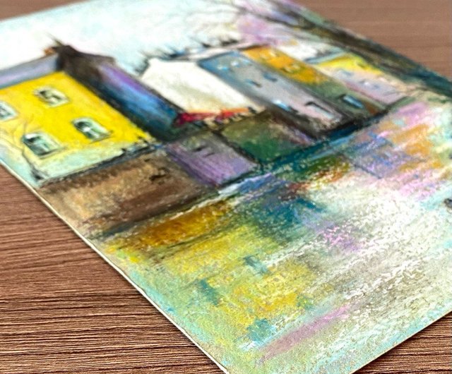 街の絵画 オイルパステル画 街の風景 川辺のアート - ショップ AsheArt