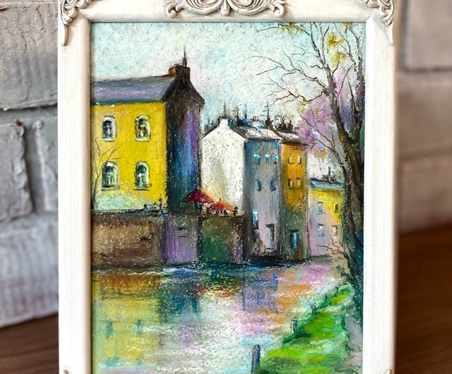 街の絵画 オイルパステル画 街の風景 川辺のアート - ショップ AsheArt