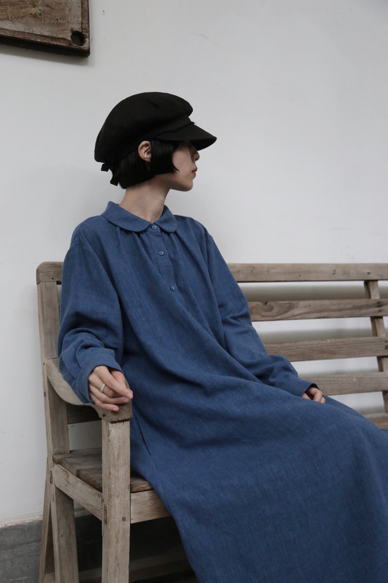 大人の上品な可愛らしさを演出 丸襟ワンピース　ロングワンピース　リネンワンピース  青　250918-1 - 洋裝/連身裙 - 棉．麻 藍色