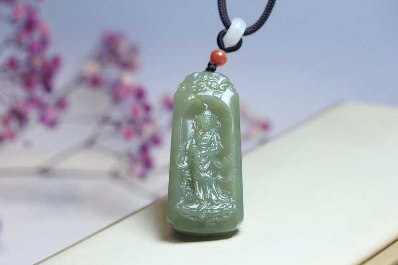 【站立蓮花觀音菩薩】和田玉 項鏈 吊飾 玉墜掛件 - 項鍊 - 玉石 綠色