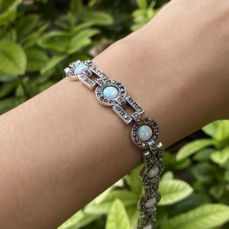 Art Deco White Gilson Opal and Marcasite Tennis Bracelet 925 Sterling Silver - 手鍊/手環 - 純銀 白色