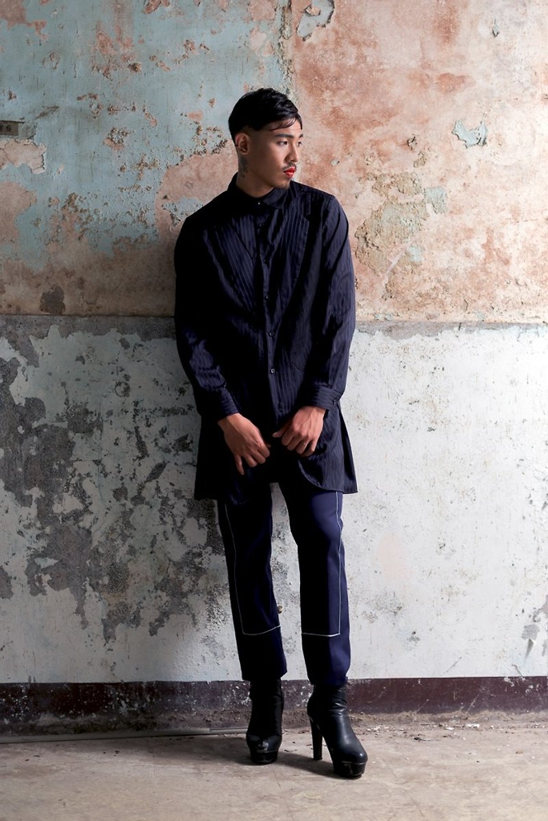 Suit collar stitching lace long shirt (162T04) - เสื้อเชิ้ตผู้ชาย - ผ้าฝ้าย/ผ้าลินิน สีม่วง