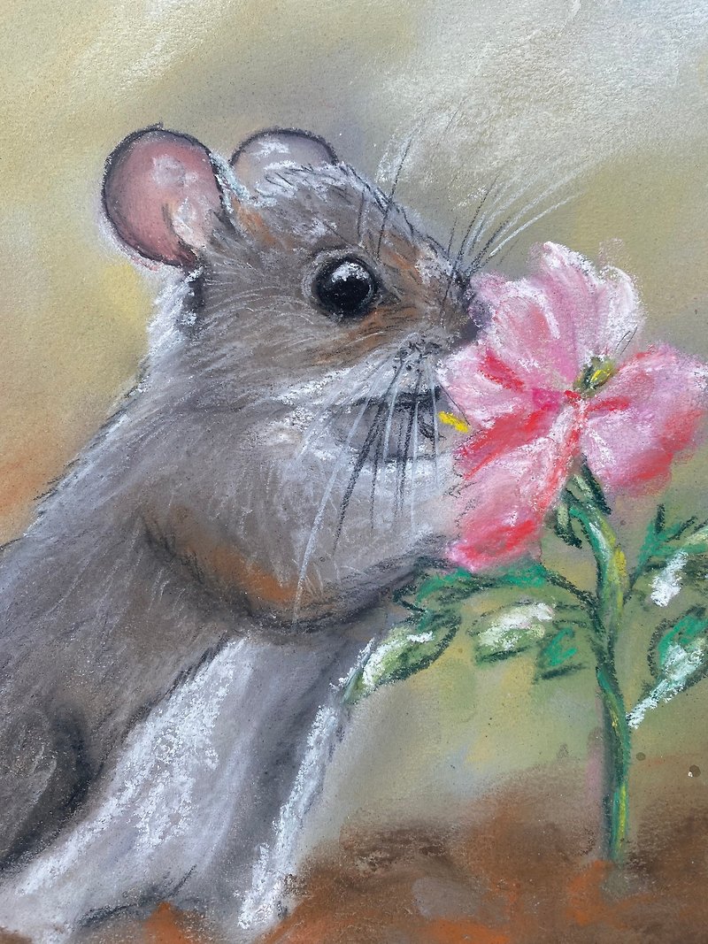 Mouse Original Pastels Painting Animal Artwork Flowers Wall Art Floral Art - Wall Décor - Paper Brown