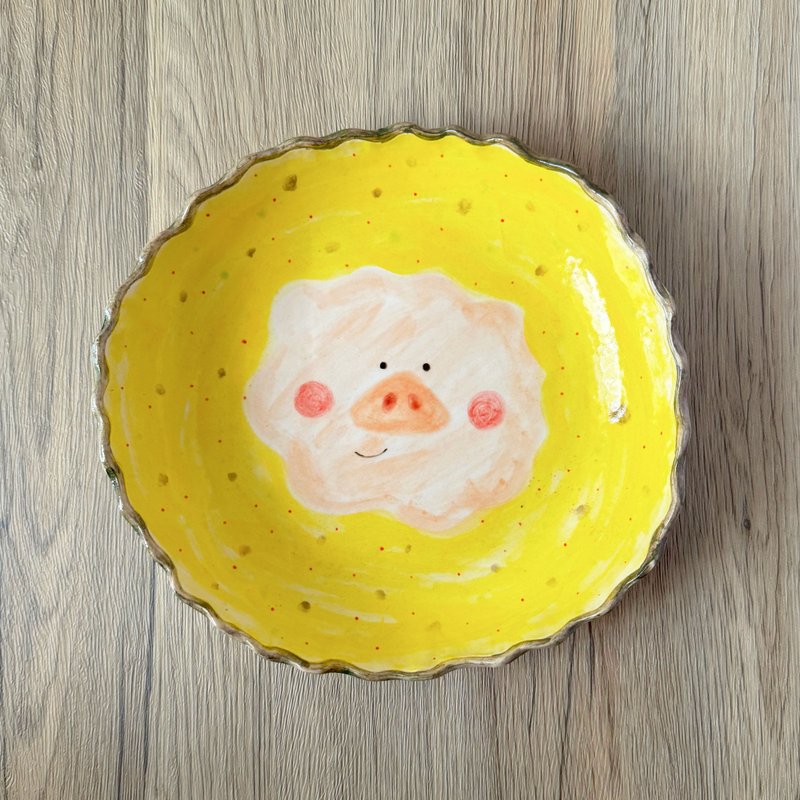 [Ceramic Plate] Lace Piglet Plate Irregular Large Salad Plate 22cm - จานและถาด - เครื่องลายคราม สีดำ