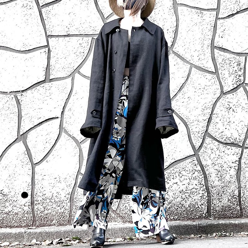 麻のメンズコート・ステンカラー・フレアスリーブ - 外套/大衣 - 棉．麻 黑色