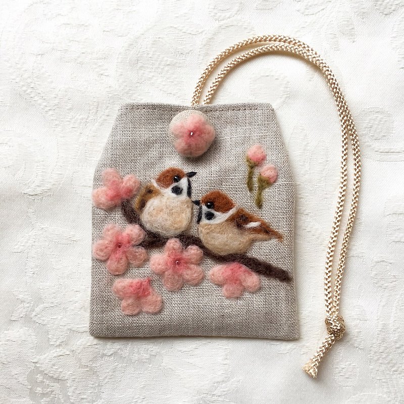 amulet bag of Sakura and sparrows - Other - Cotton & Hemp Pink