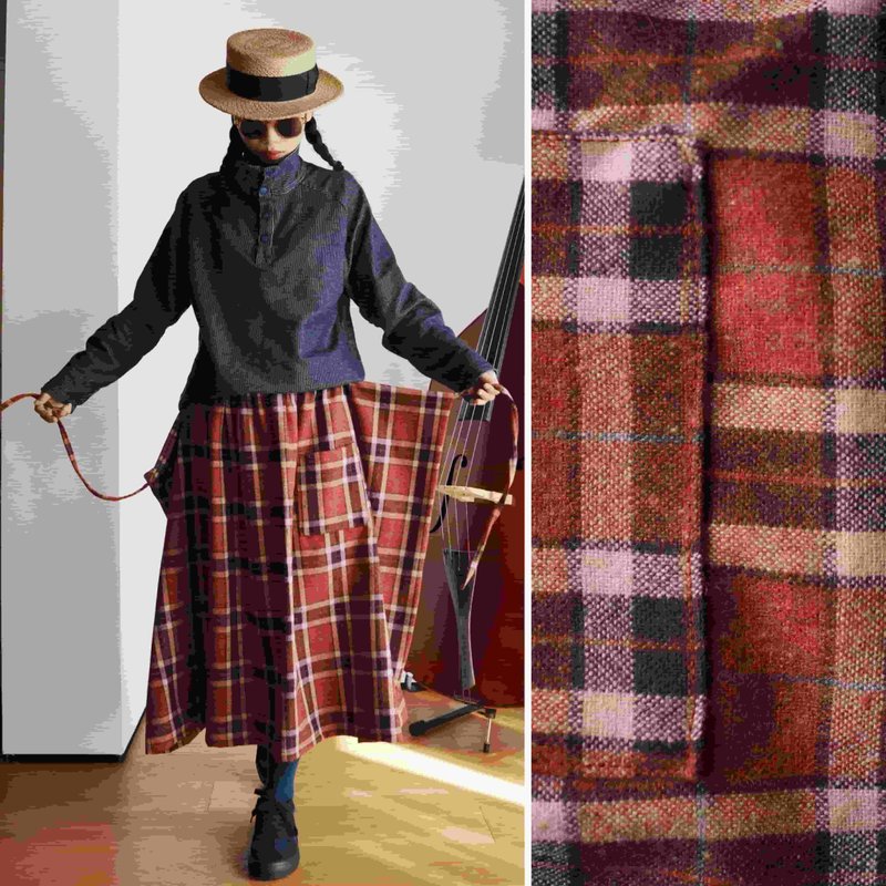 復古紅格羊毛 N種變化的繫繩長裙 冬季保暖廓形半身裙 - 裙子/長裙 - 羊毛 紅色