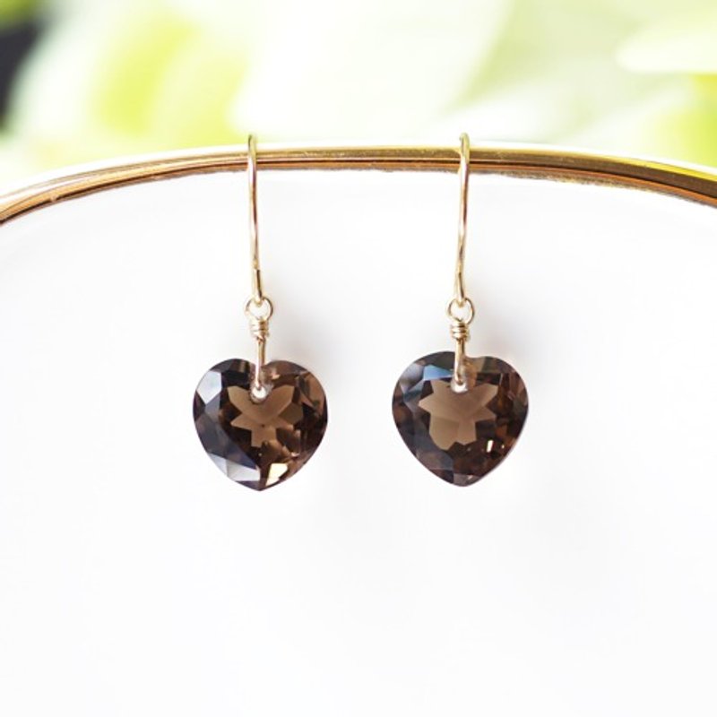 14KGFハートカットスモーキークォーツのピアス　Lucien - 耳環/耳夾/耳骨夾 - 寶石 咖啡色